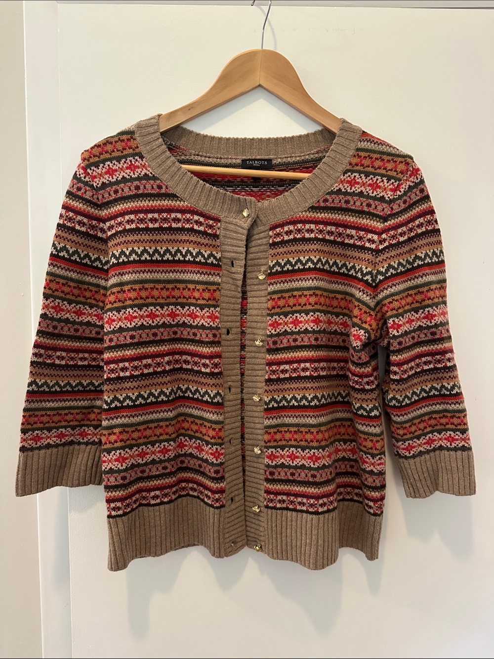 Talbots Beige Fair Isle Cardigan with Red and Green Stripes